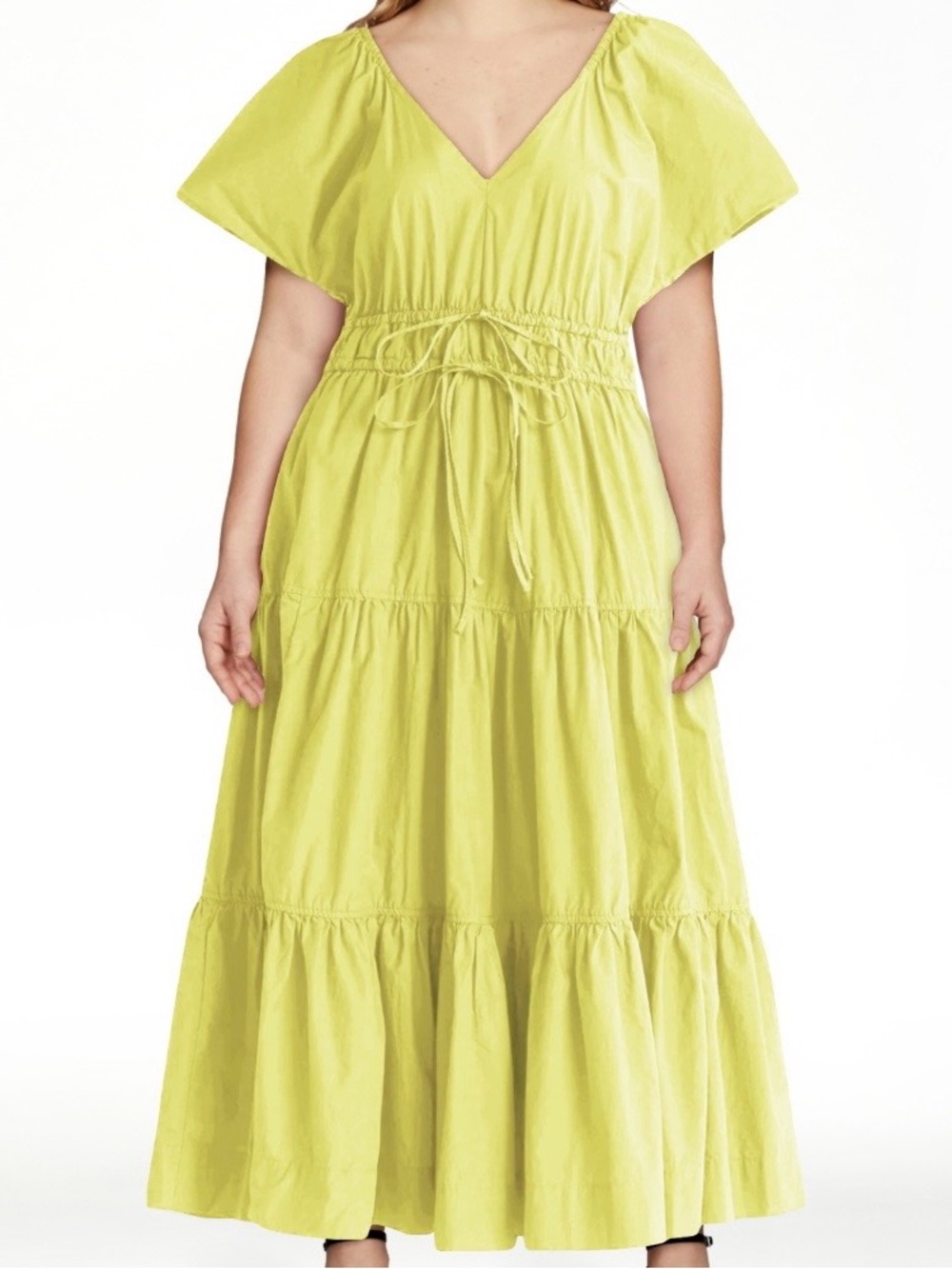 V-Neck Tiered Maxi Dress in Yellow, with double waist ties and pockets
